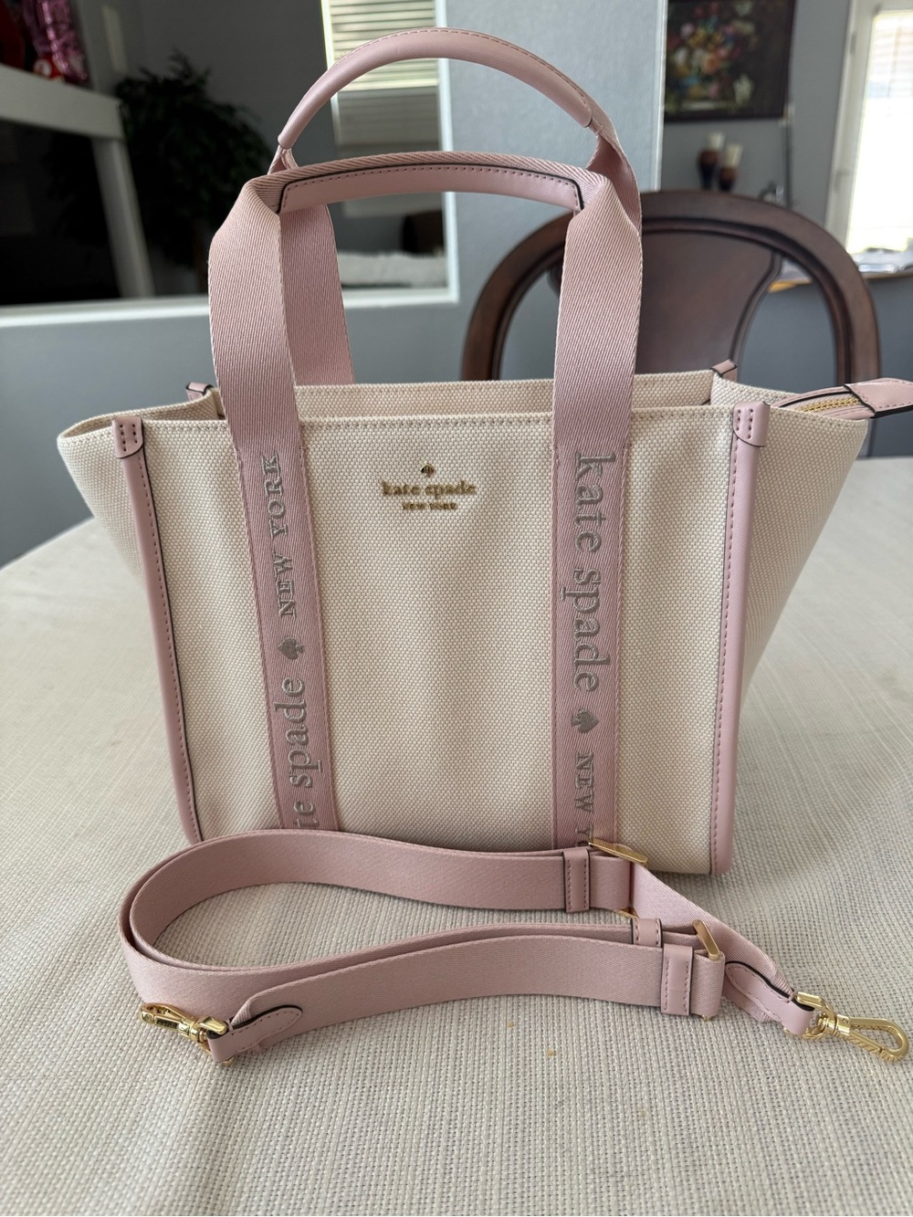 kate spade Kip Canvas Tote crossbody handbag with Detachable Strap rose smock
